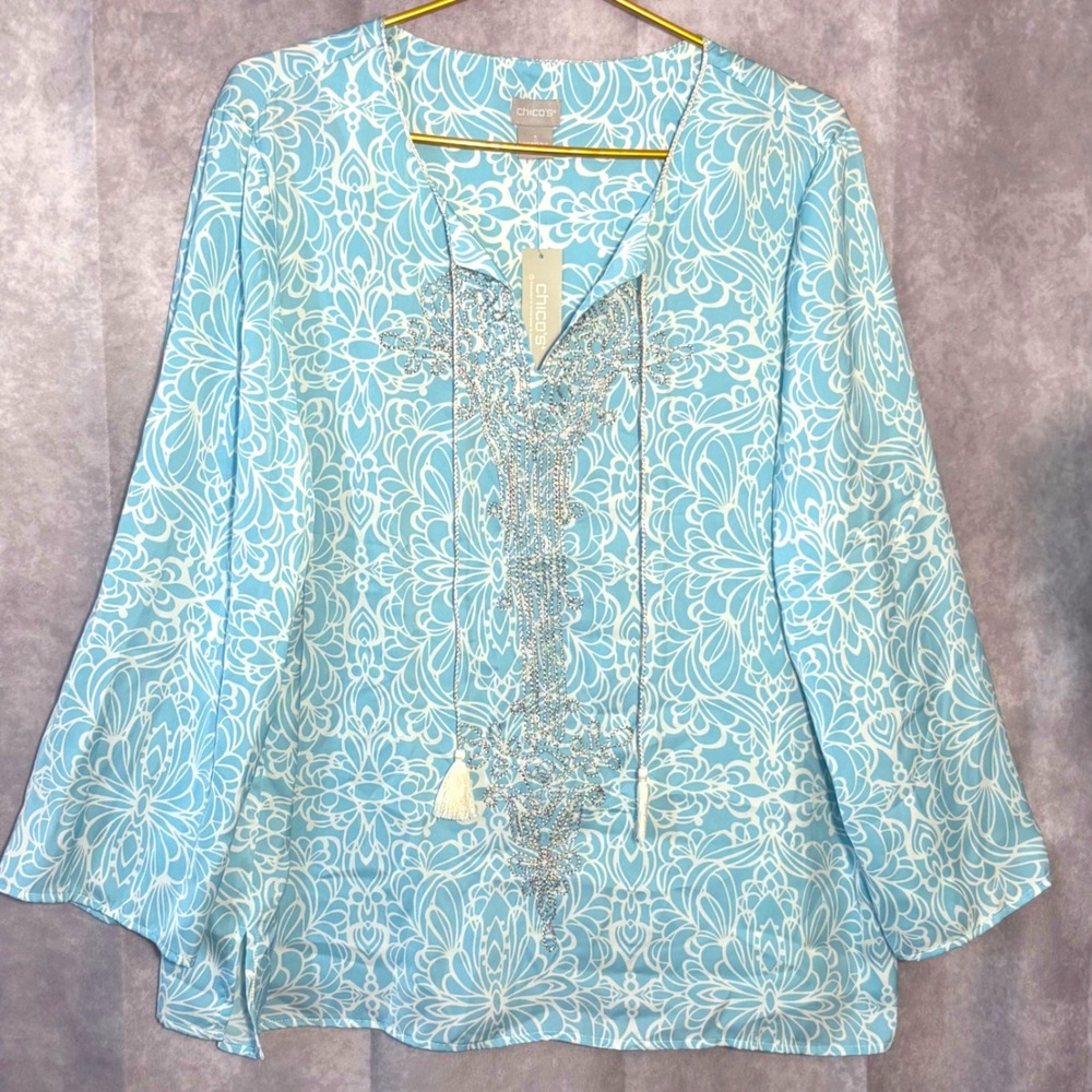 NWT Chico's Embellished V-Neck Tunic Tassels Top Women Size 3 Blue White Boho